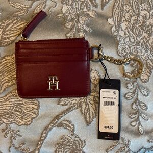 Tommy Hilfiger Wine Red Leather Card Holder with Keychain
